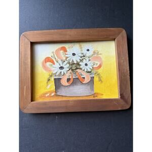 Vintage Original Oil On Canvas Signed Still Life Framed Flowers Wood Frame Retro